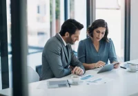 Two professionals reviewing investment charts and financial data in Bedford, NH